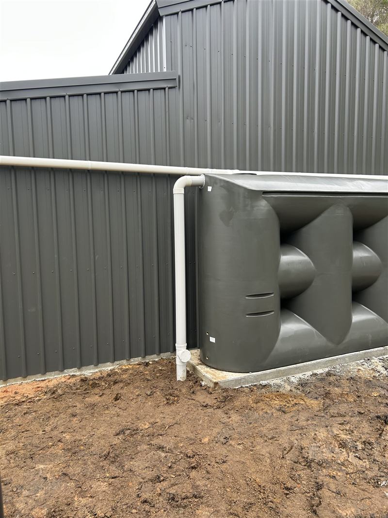 Rainwater tank plumbed off a shed downpipe