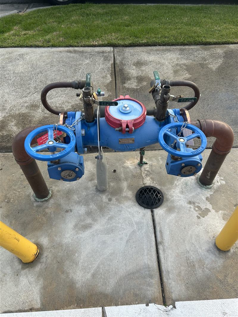Commercial backflow prevention assembly with service tags fitted